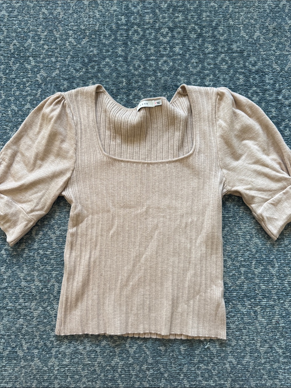 Leith Beige Ribbed Square-Neck Puff Sleeve Top